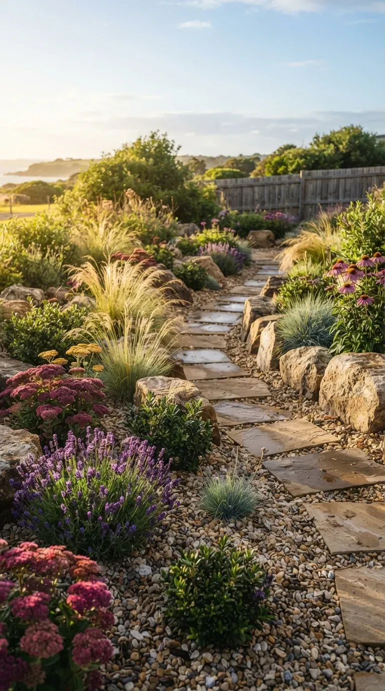 Low-maintenance gravel garden filled with hardy flowers grasses and drought-tolerant plants.