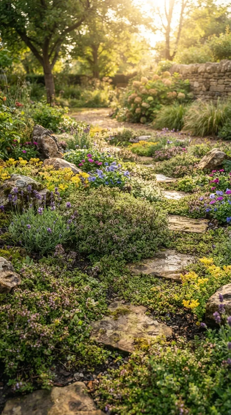 Dense groundcover plants filling exposed garden beds around colorful hardy flowers.