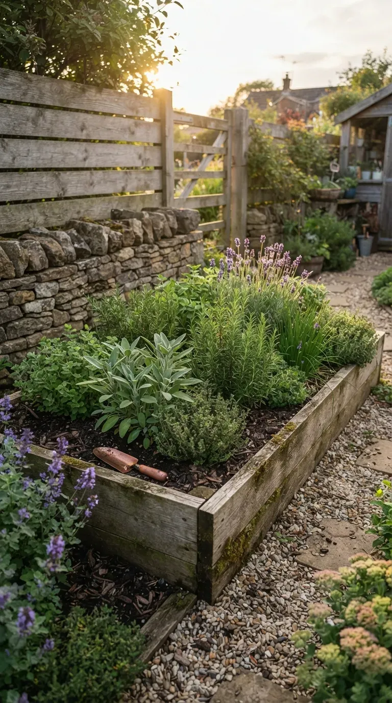Compact herb garden with rosemary thyme sage and lavender in sheltered raised beds.