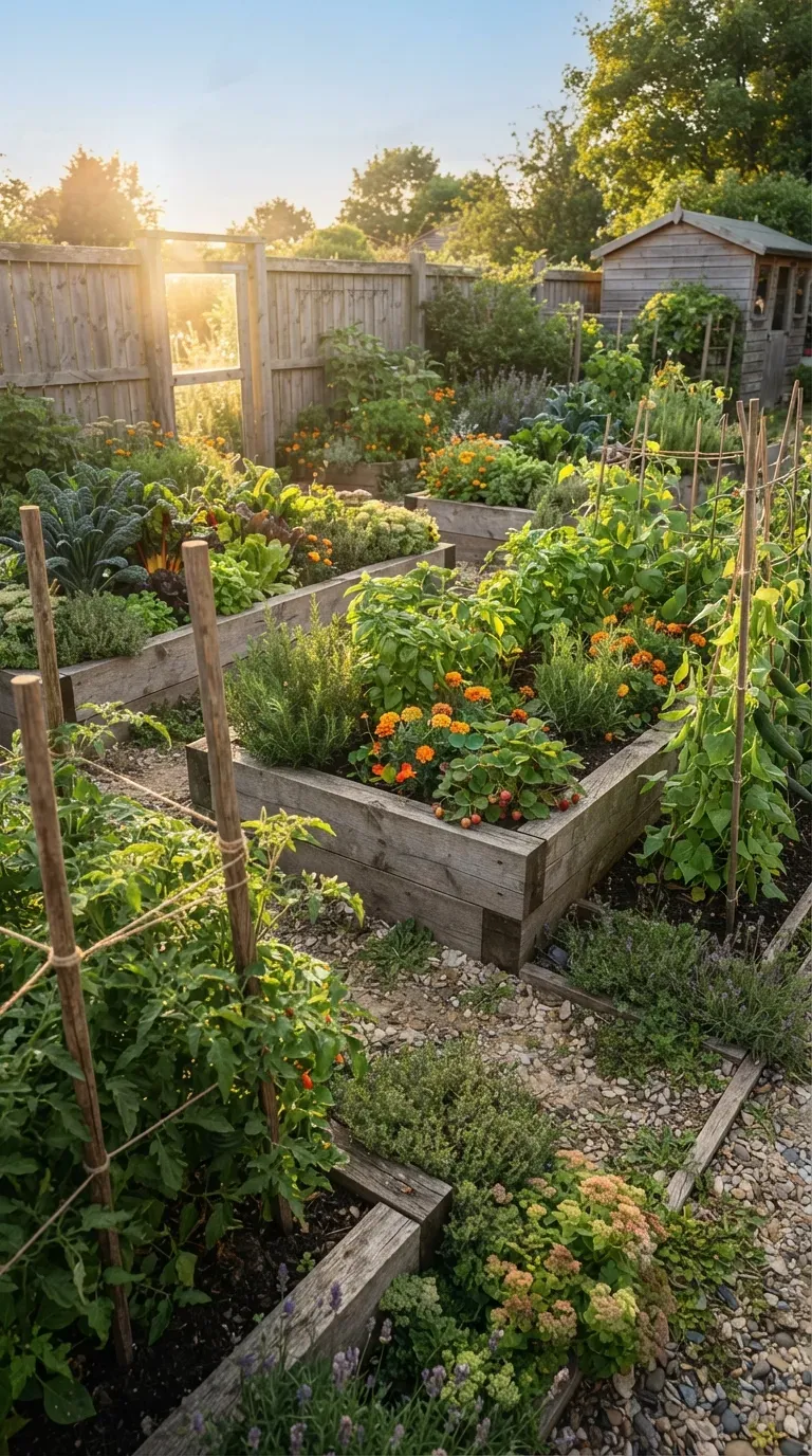Sturdy raised garden beds with supported plants in a sunny windy backyard.