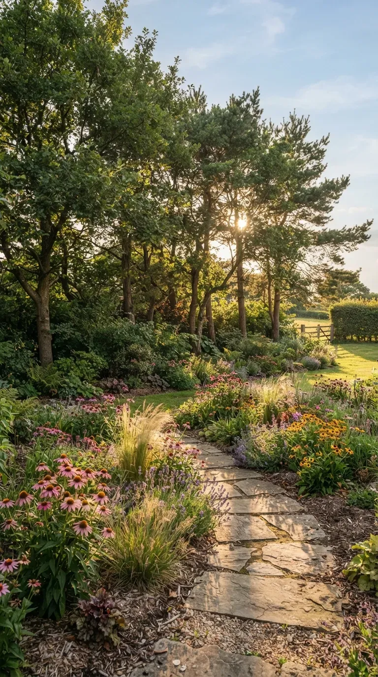Group of sturdy trees forming a natural windbreak around a colorful garden.