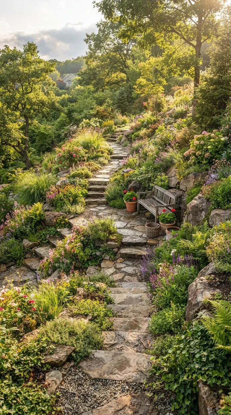 Charming winding stone pathway traveling through a lush terraced hillside garden.