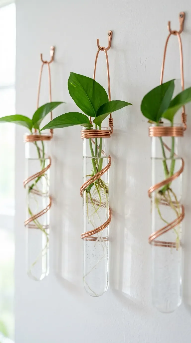 three glass test tube bud vases wrapped in copper wire hanging on a white wall with pothos cuttings