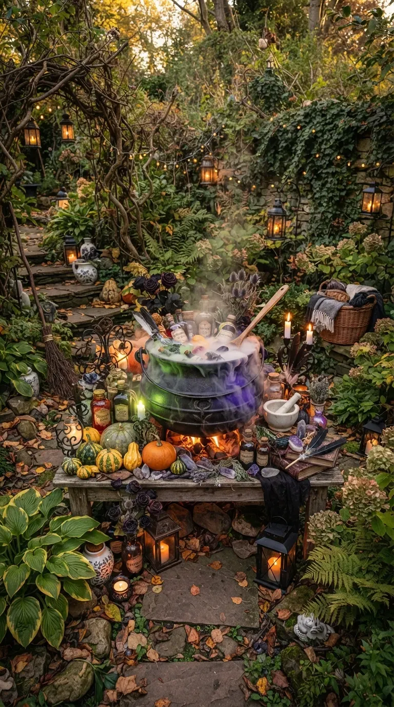 Magical witch potion garden with bubbling cauldron pumpkins herbs and glowing lanterns.