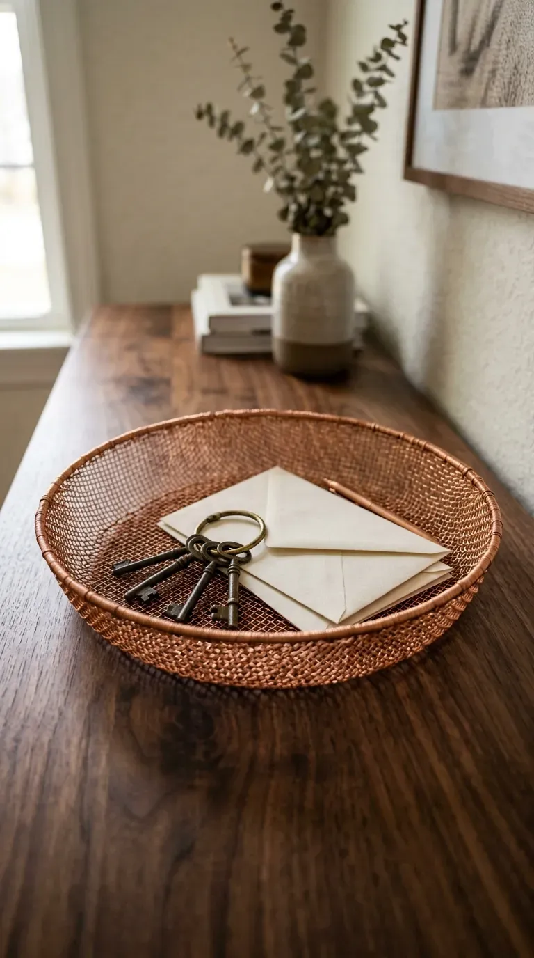shallow woven copper wire basket holding letters and brass keys on entryway console