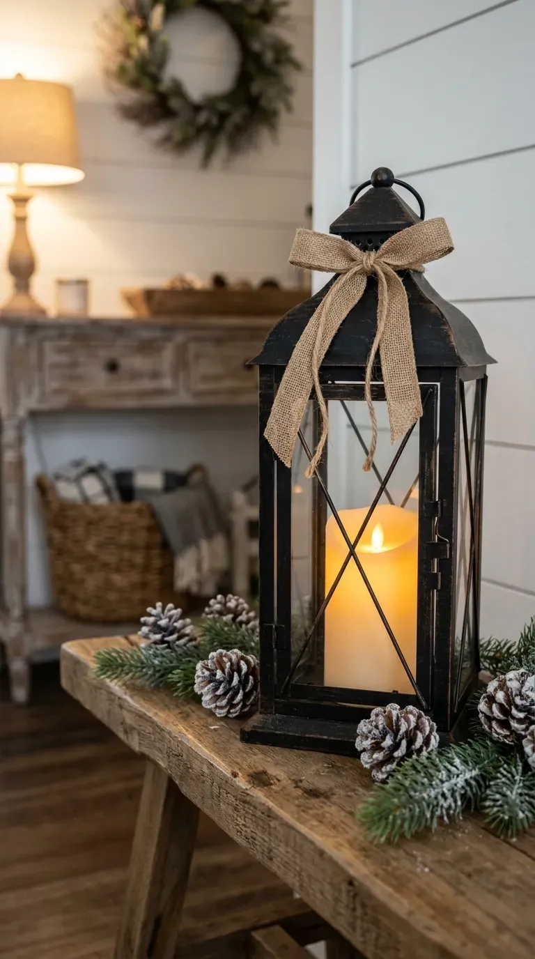 Rustic winter lantern decorated with burlap ribbon and twine