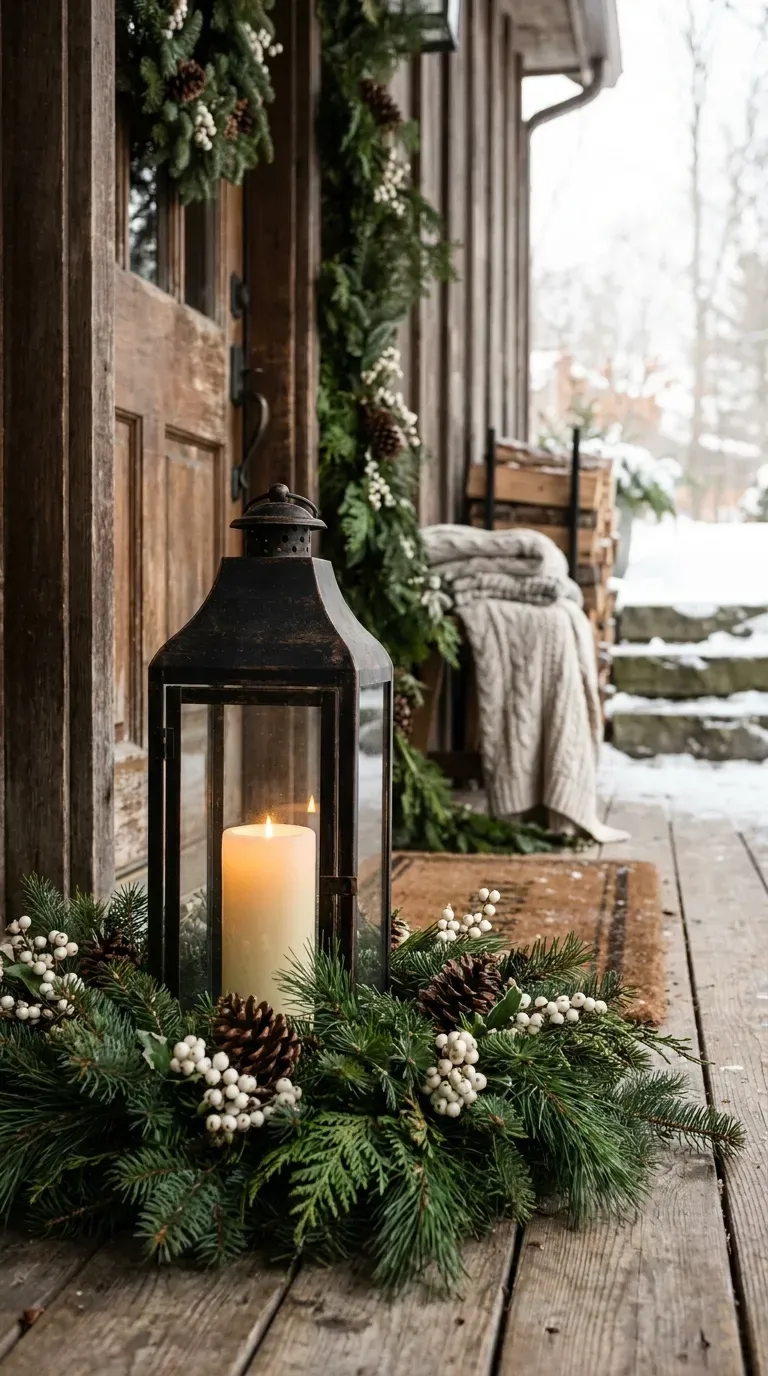 Black lantern decorated with evergreen branches and pinecones for winter