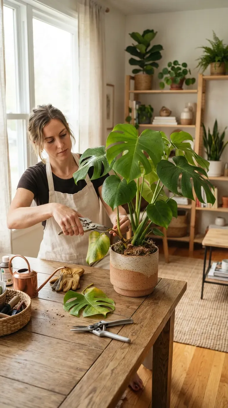 Person gently wiping dust from large green houseplant leaves with a soft cloth.