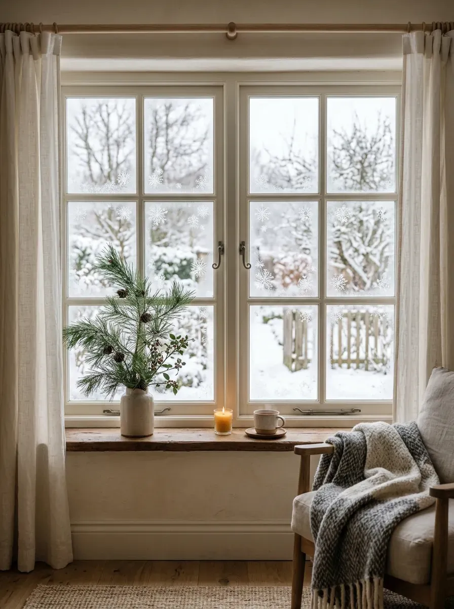 Cozy window seat decorated with cushions and blankets for winter