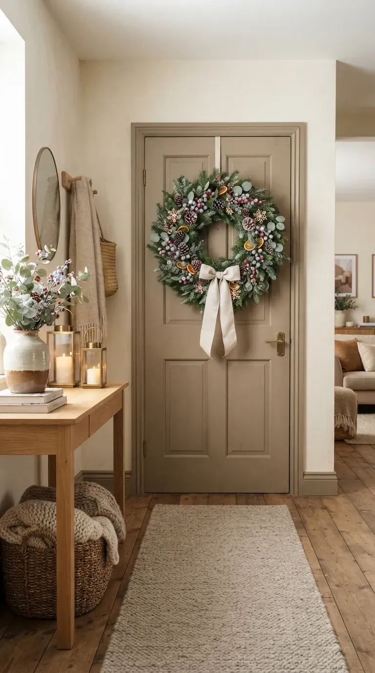 Elegant handmade winter wreath with evergreen branches pinecones berries and a soft ribbon.