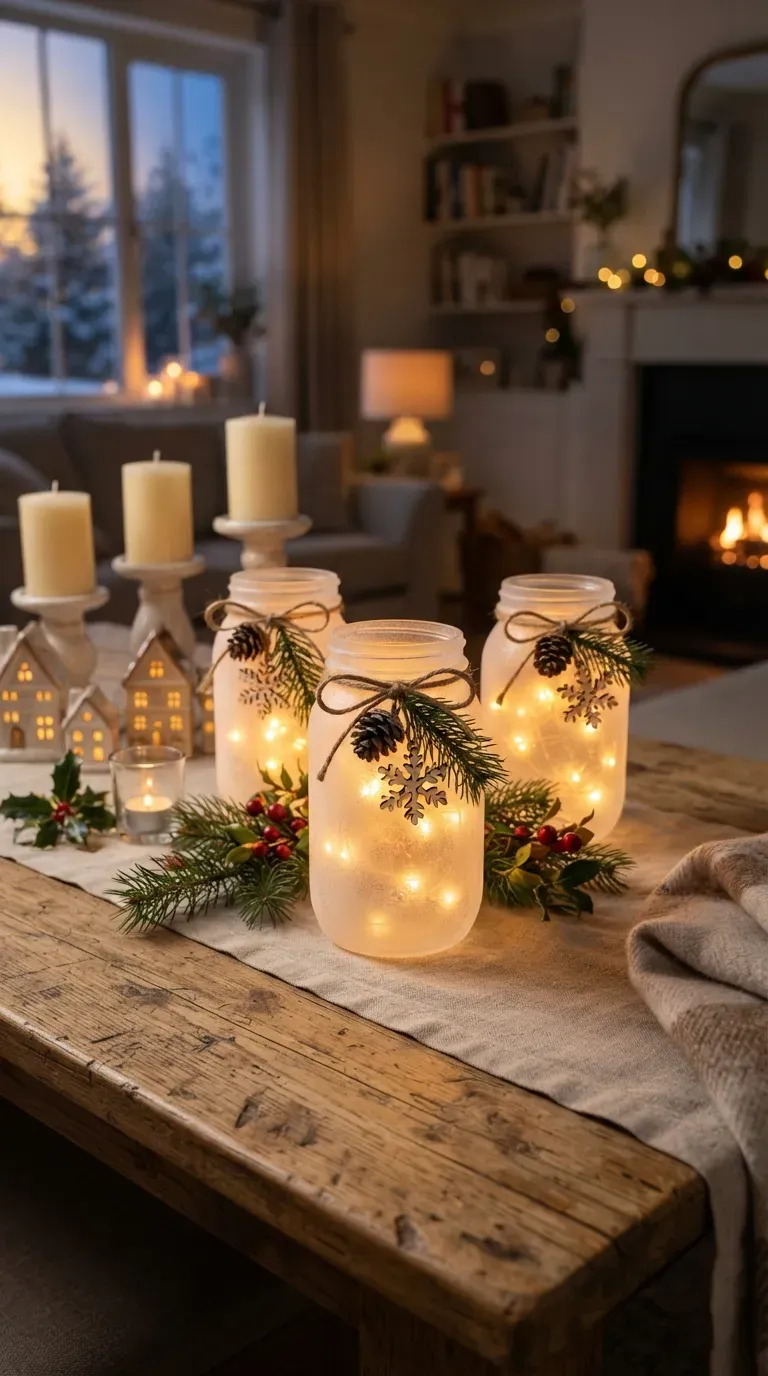 Frosted mason jar lantern glowing with warm LED lights and surrounded by pine branches.