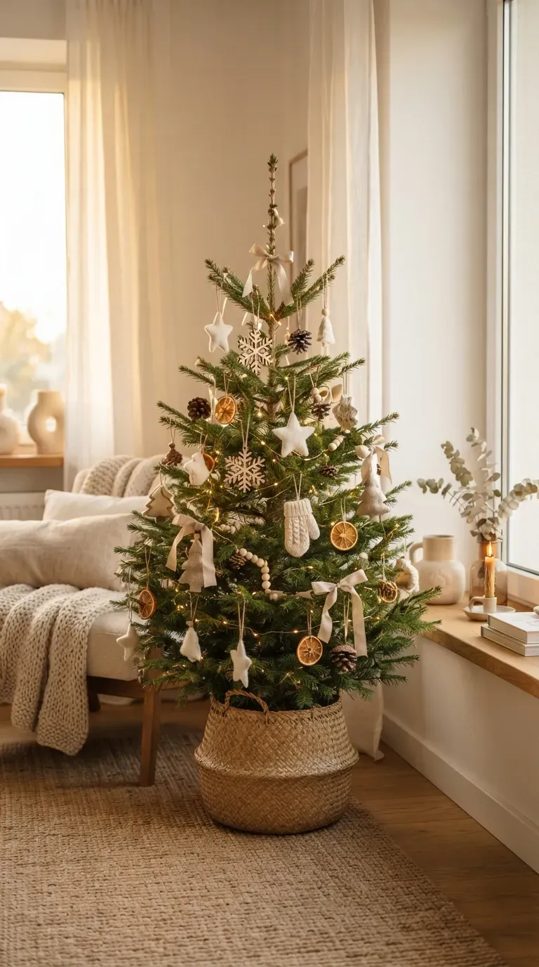 Handmade winter ornaments made with wood felt and natural materials hanging on a small tree.
