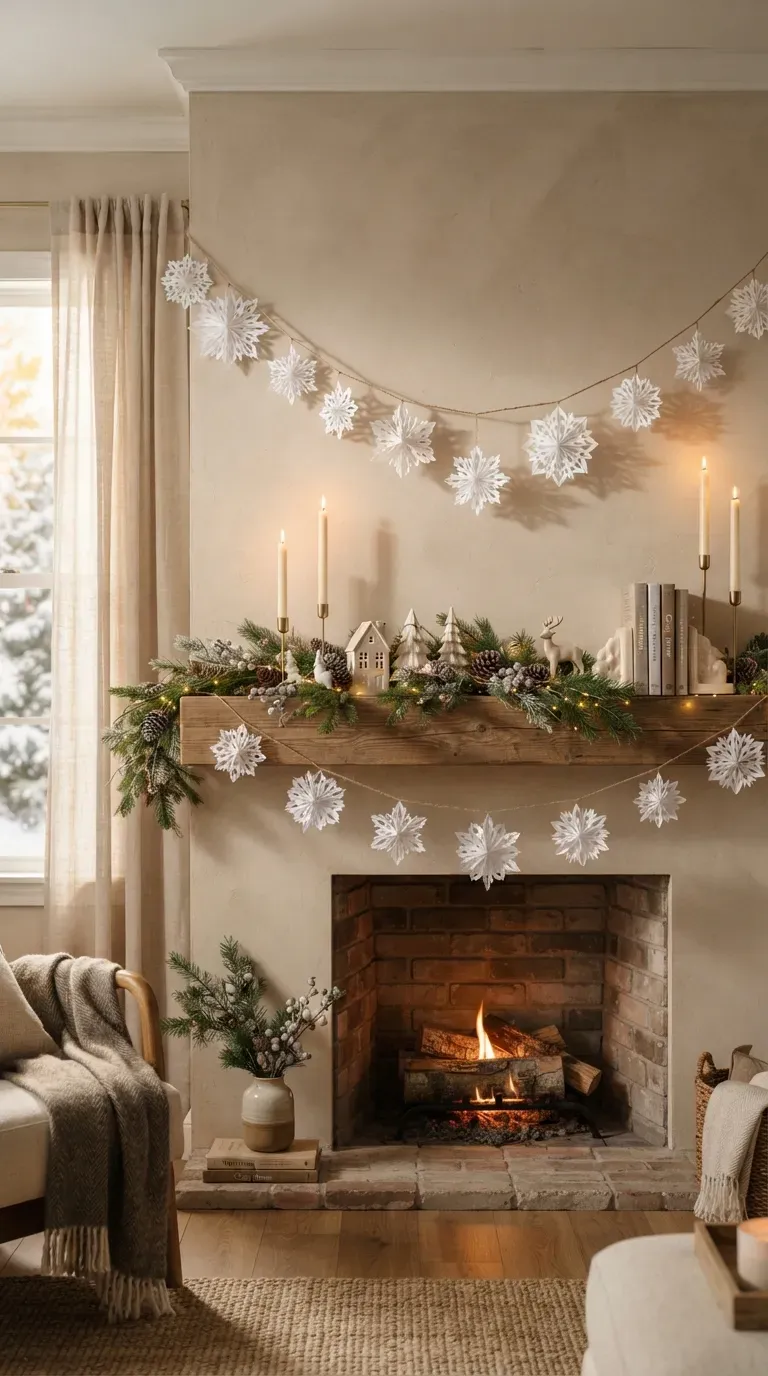 Handmade white paper snowflake garland hanging across a cozy winter room.