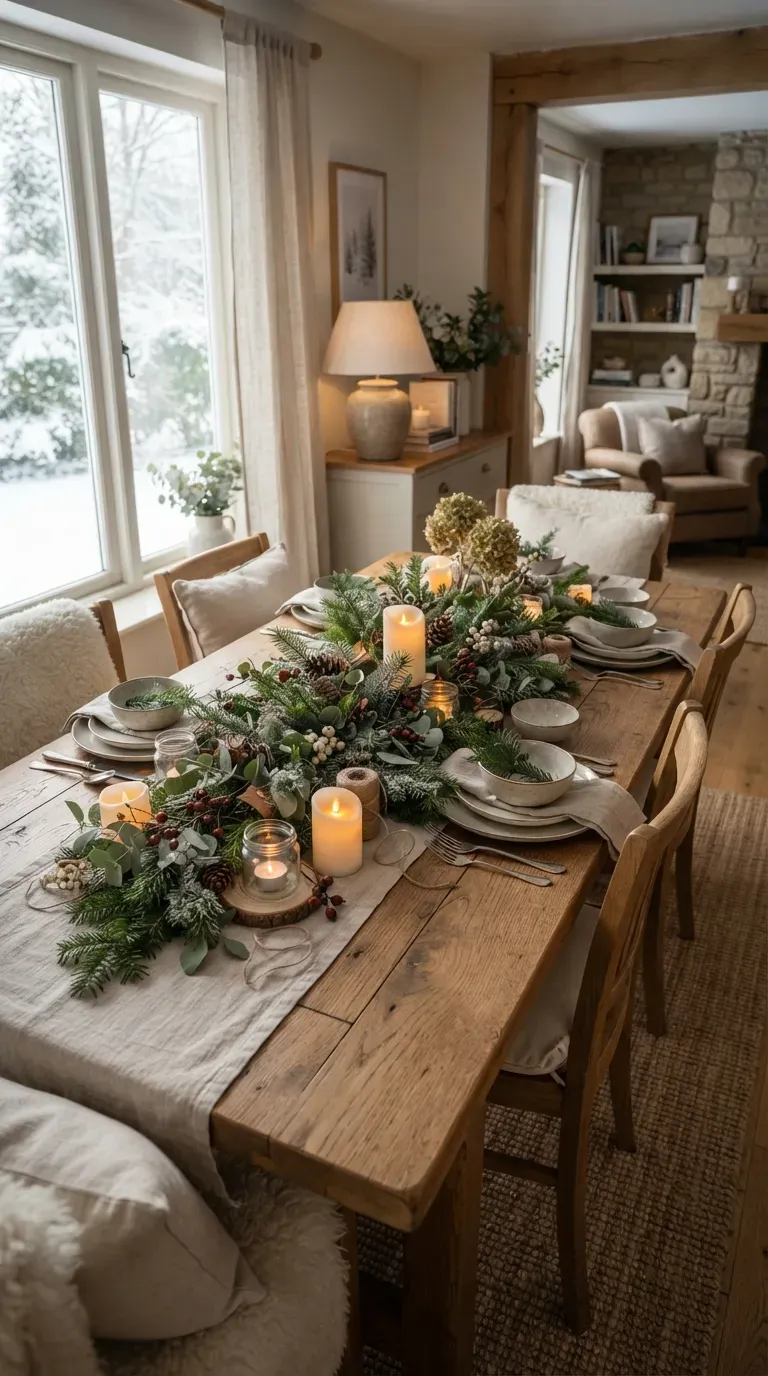 Rustic winter centerpiece with evergreen branches pinecones candles and natural wood accents.