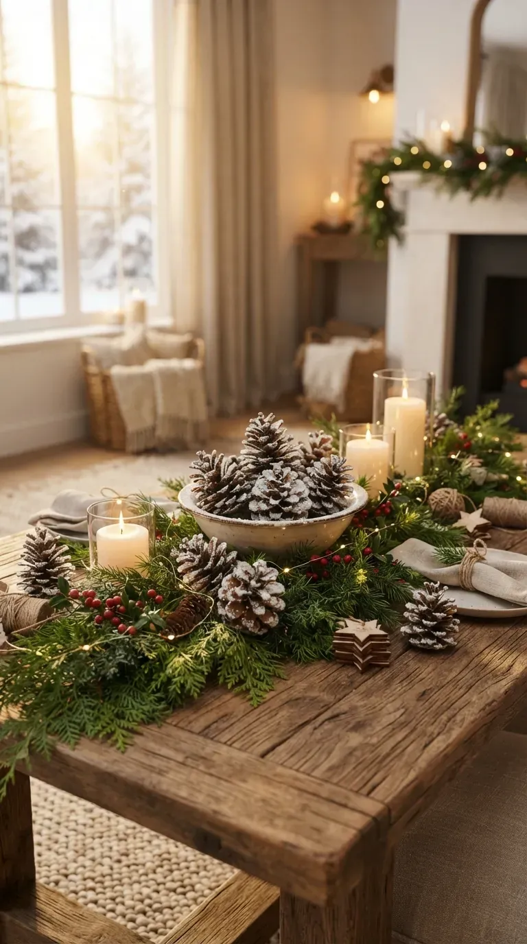 Handmade snowy pinecone decorations arranged with greenery and candles on a wooden table.