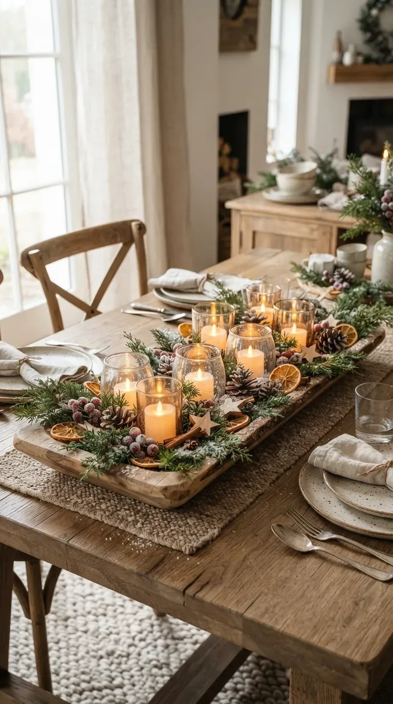 Rustic handmade winter candle holder decorated with pinecones evergreen branches and berries.