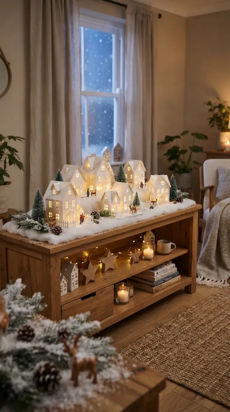 Handmade white paper winter village with tiny houses trees and warm lights.