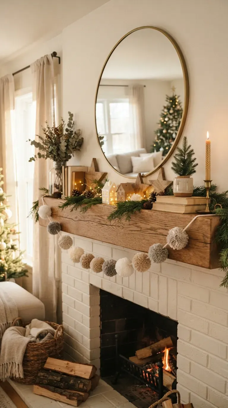 Soft white and cream pom-pom garland decorating a cozy winter mantel.