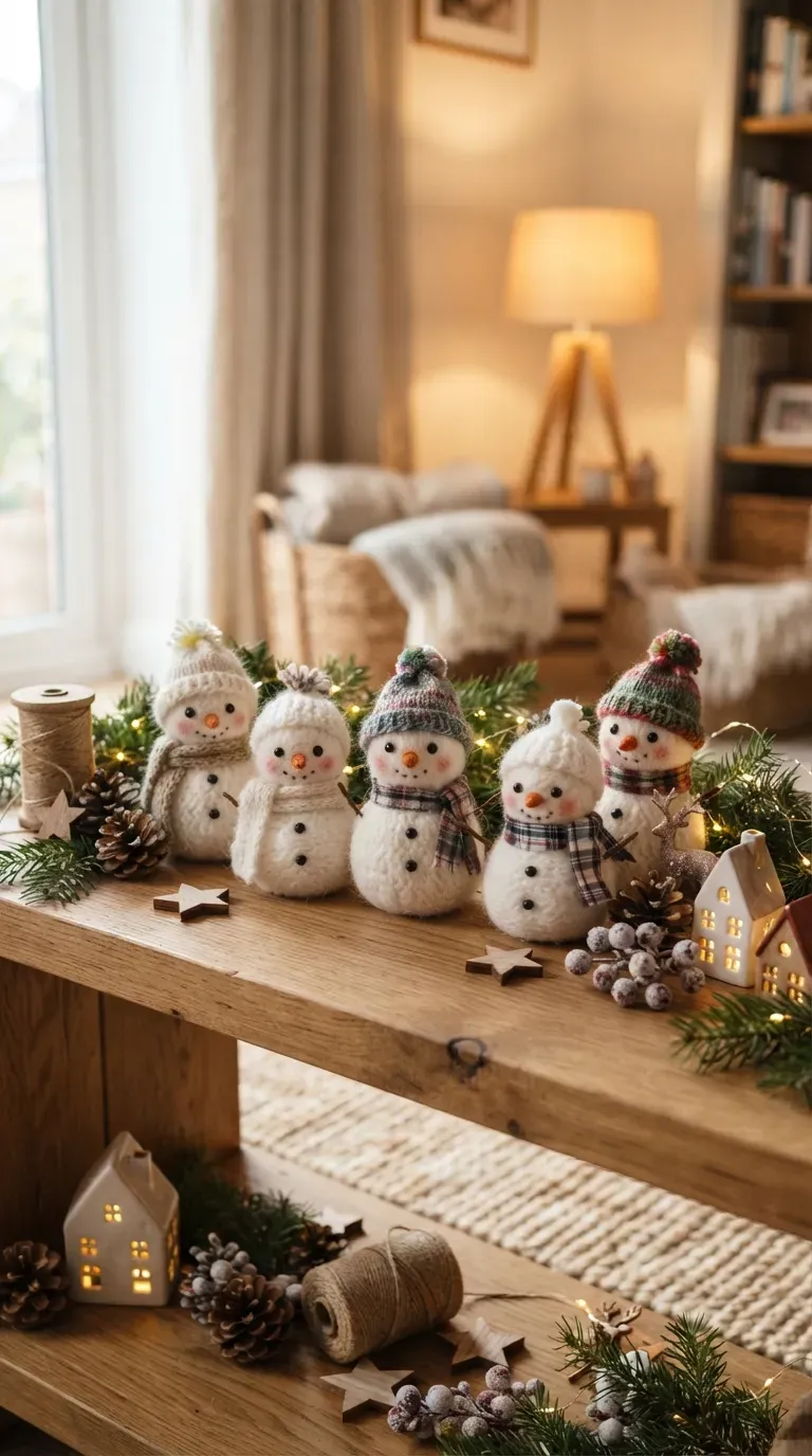Cute handmade yarn snowmen arranged on a wooden shelf with winter decorations.