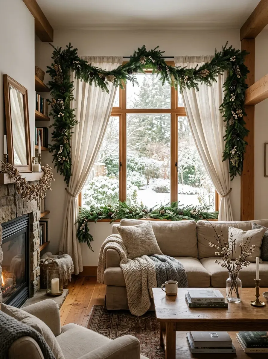 Cozy window decorated with evergreen garland for winter