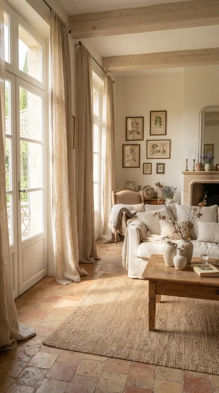 Elegant French villa entryway with antique wooden console table mirror ceramic vase and flowers.