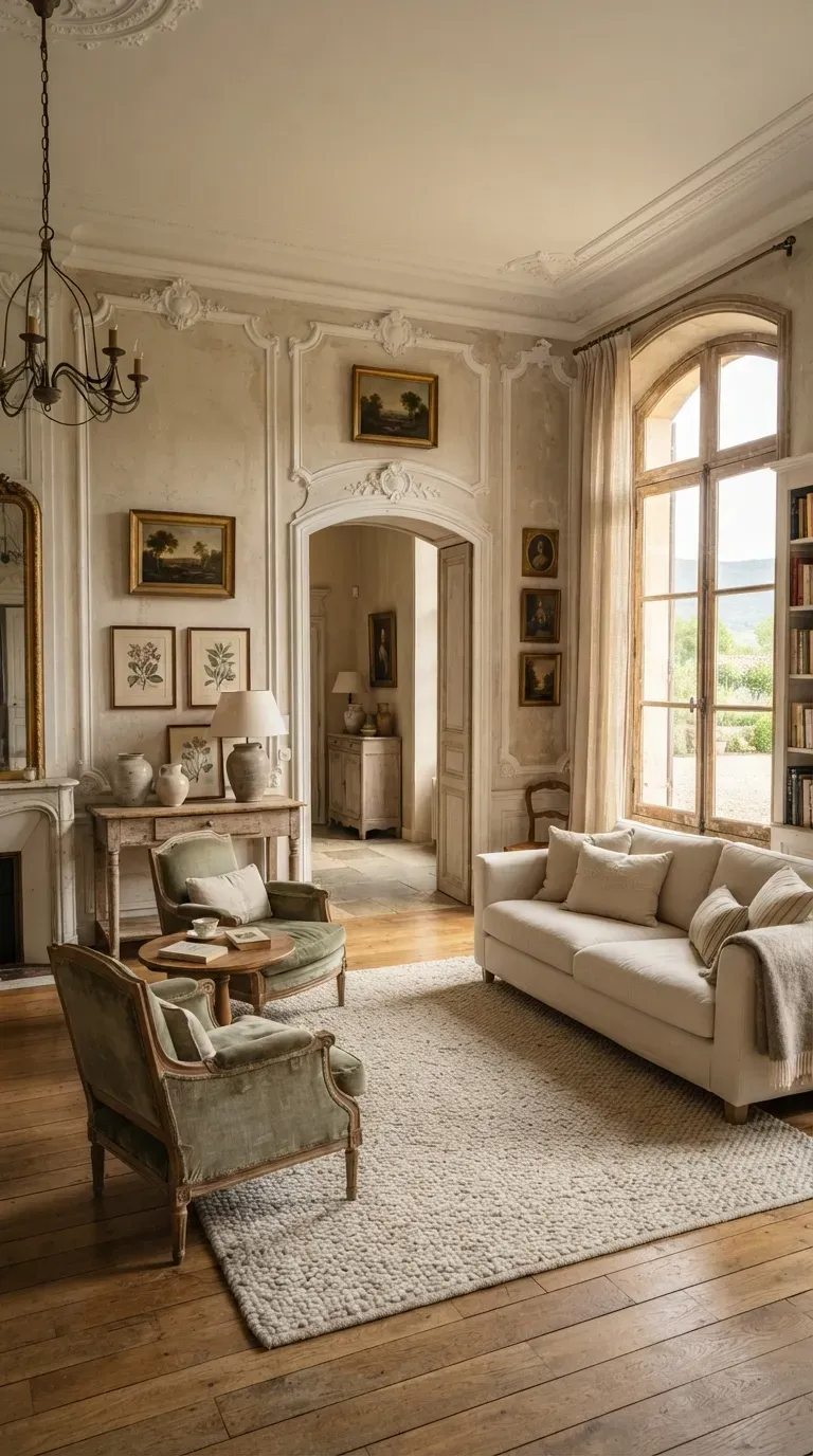 French villa interior with ornate wall molding tall windows arched doorway and elegant furniture.
