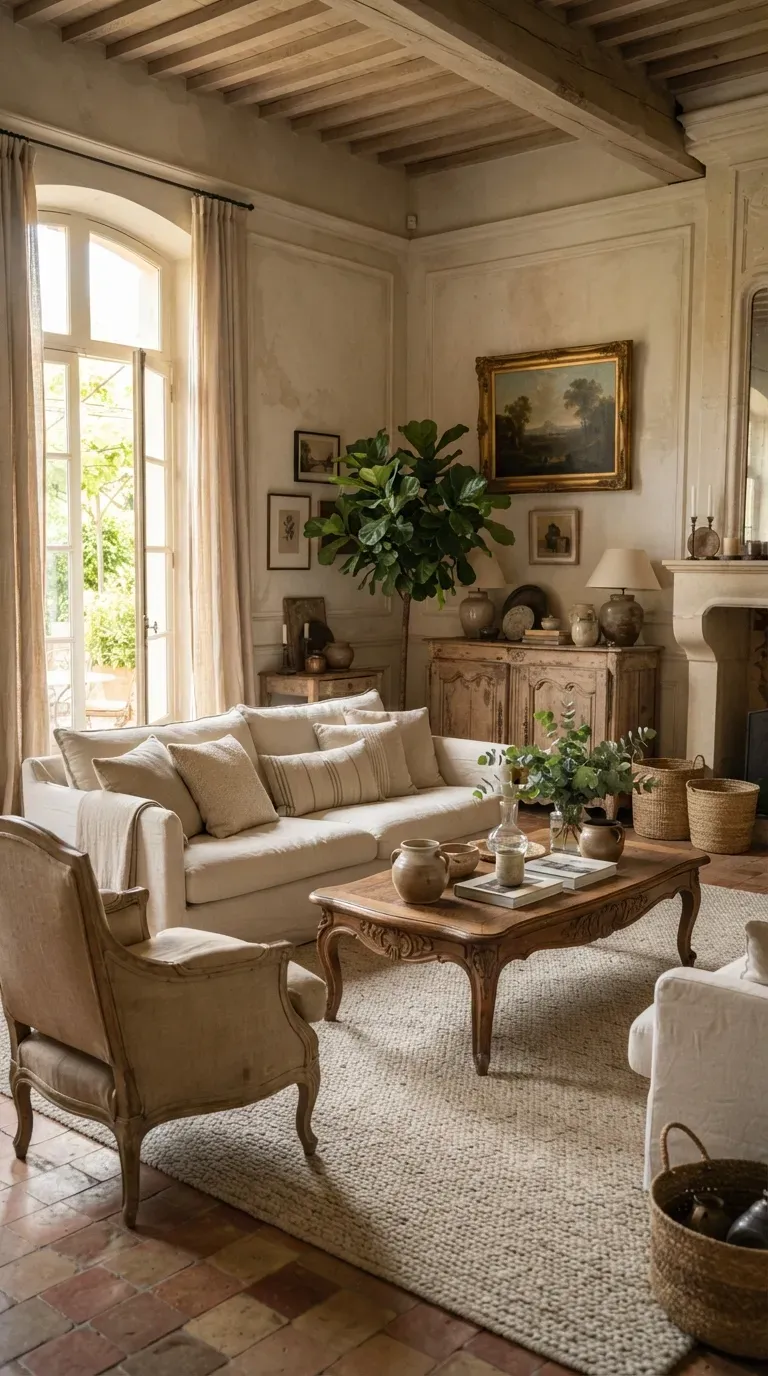 Elegant French villa bedroom with upholstered bed linen bedding antique nightstands and soft lighting.