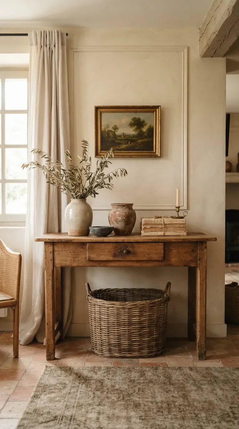 French villa interior styled with handmade ceramic vases stone bowls and natural decorative accessories.