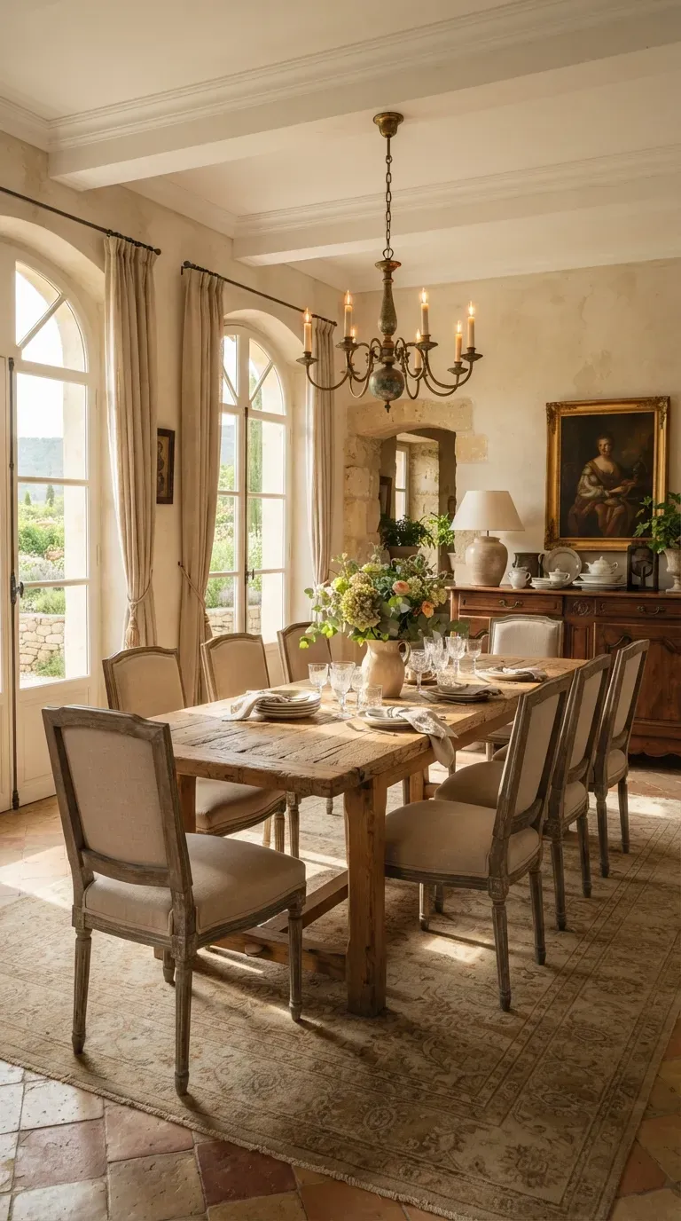Elegant relaxed French villa dining room with rustic table linen chairs chandelier and fresh flowers.