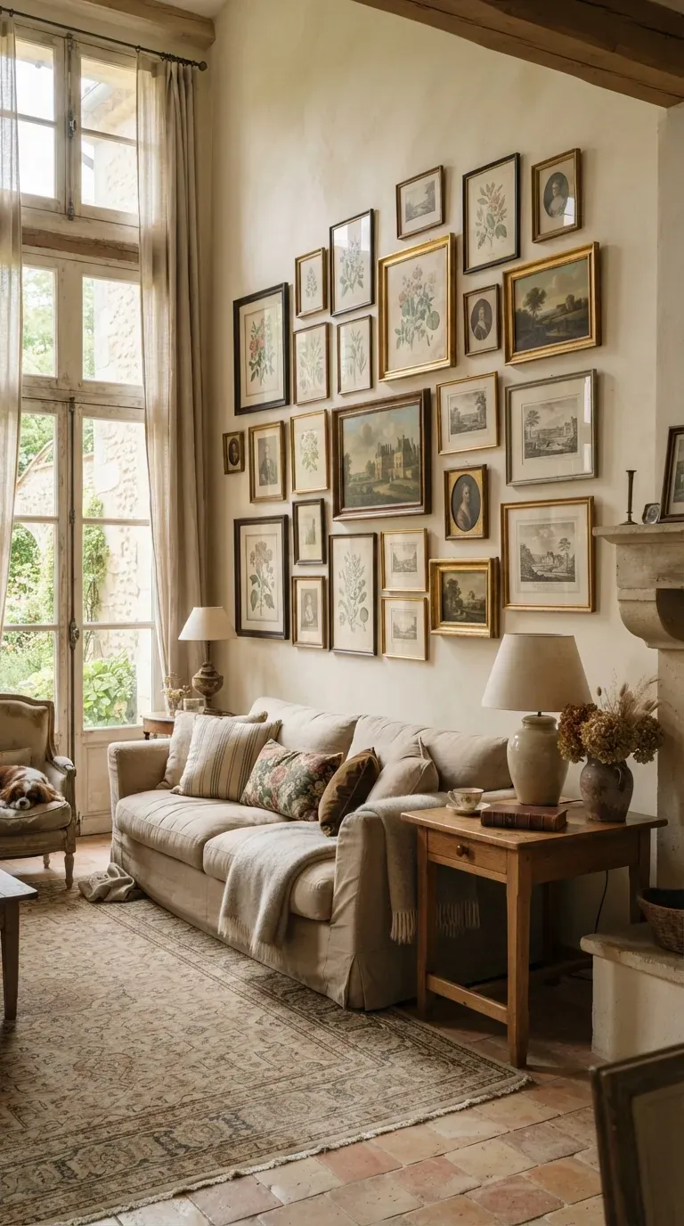 French villa living room with vintage botanical artwork and traditional framed paintings.