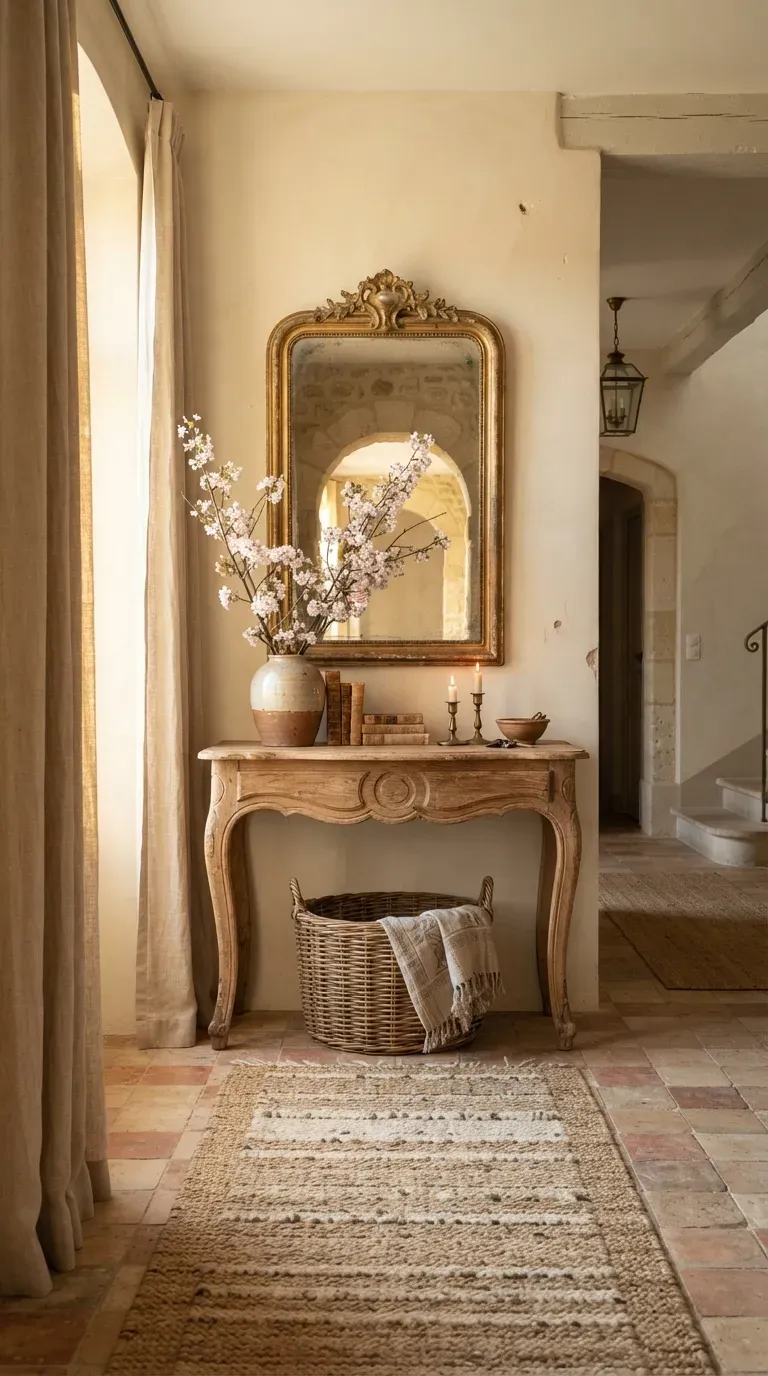 Bright French villa living room with long natural linen curtains and classic furniture.