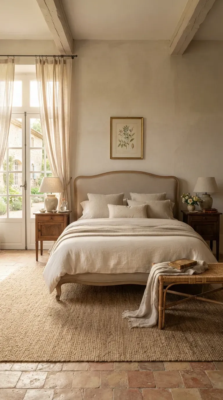 French villa living room combining antique wooden furniture with comfortable modern linen seating.