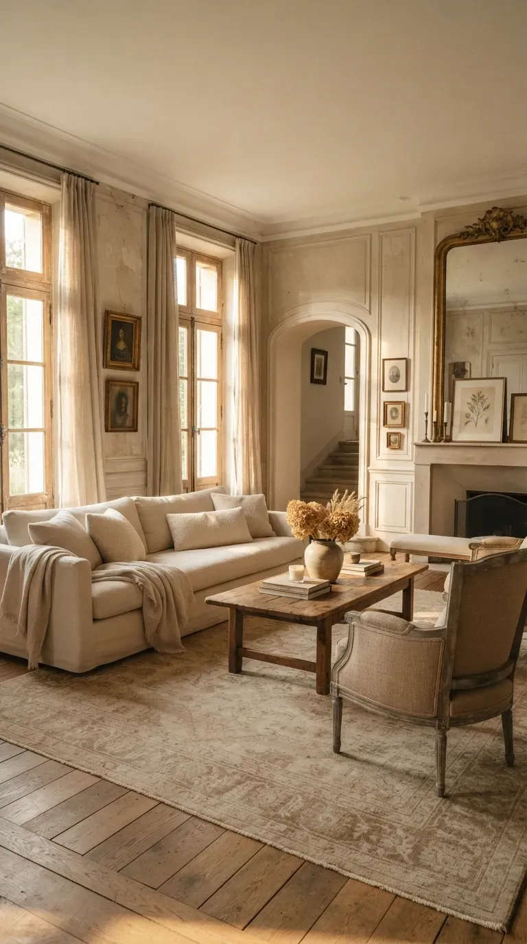 Elegant French villa living room with cream walls neutral furniture linen curtains and antique decor.