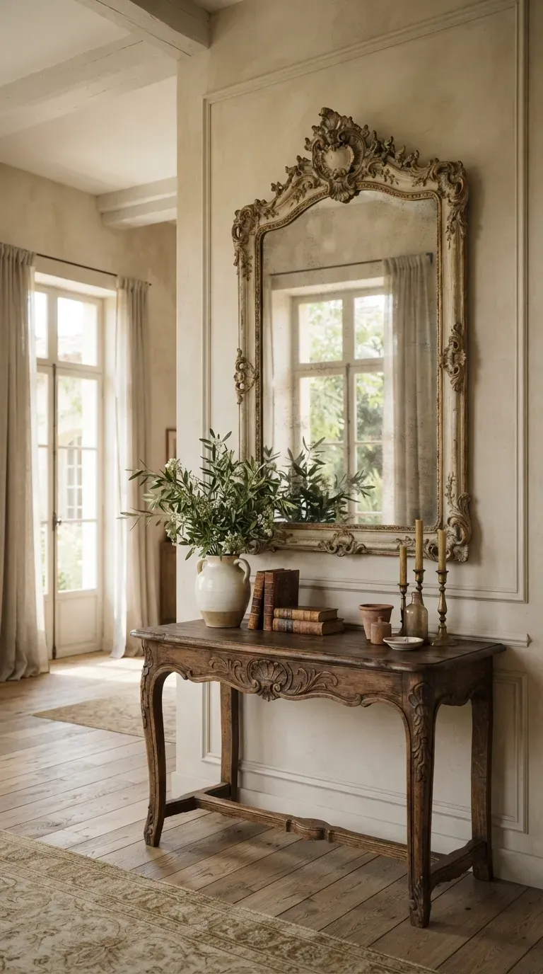 French country villa dining room with rustic wooden table exposed beams and natural decor.