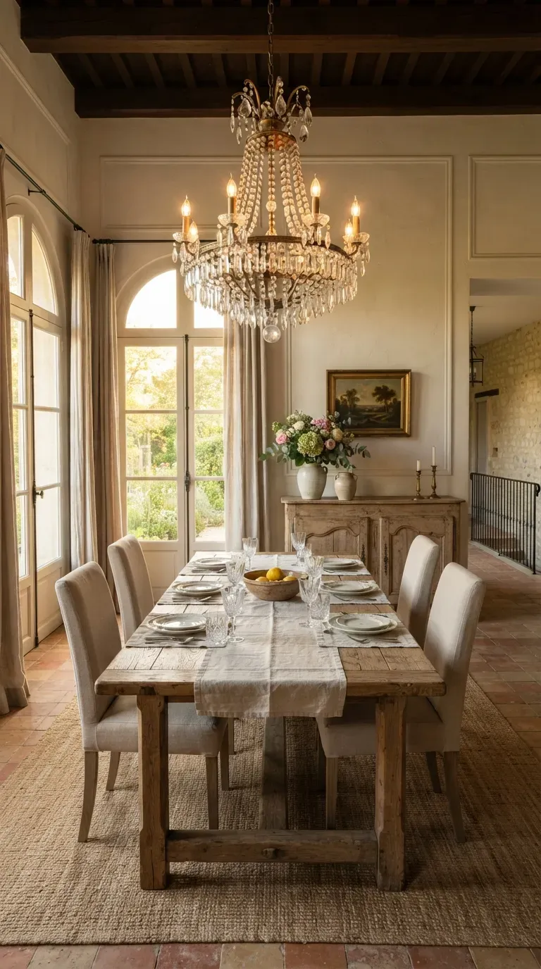 Elegant French villa dining room with vintage chandelier antique table and linen chairs.