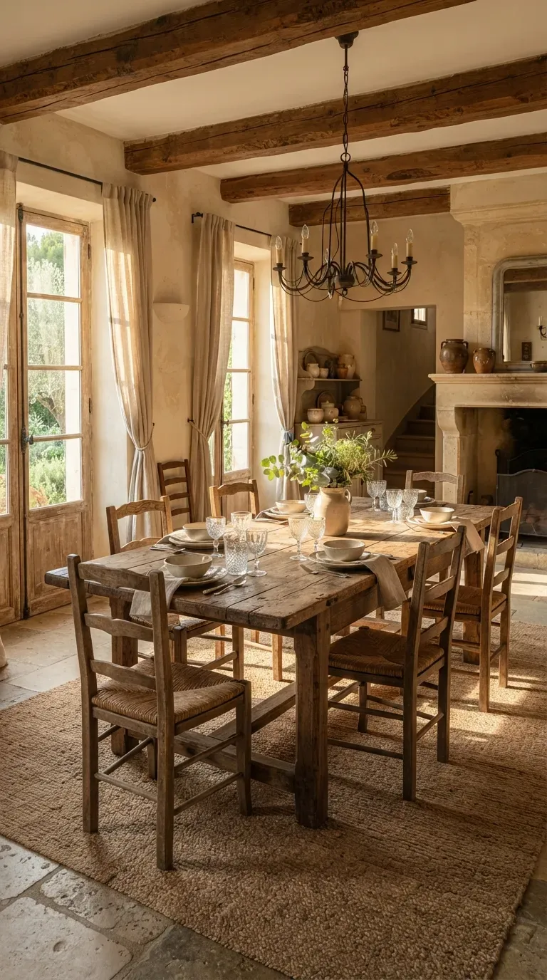 French villa interior with large ornate vintage mirror above an antique console table.