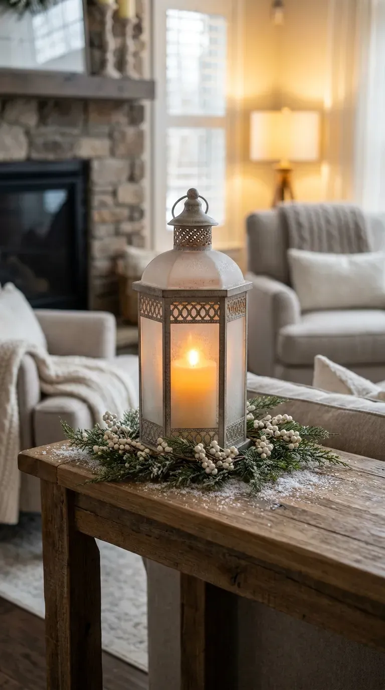 Frosted glass lantern with candle and winter greenery
