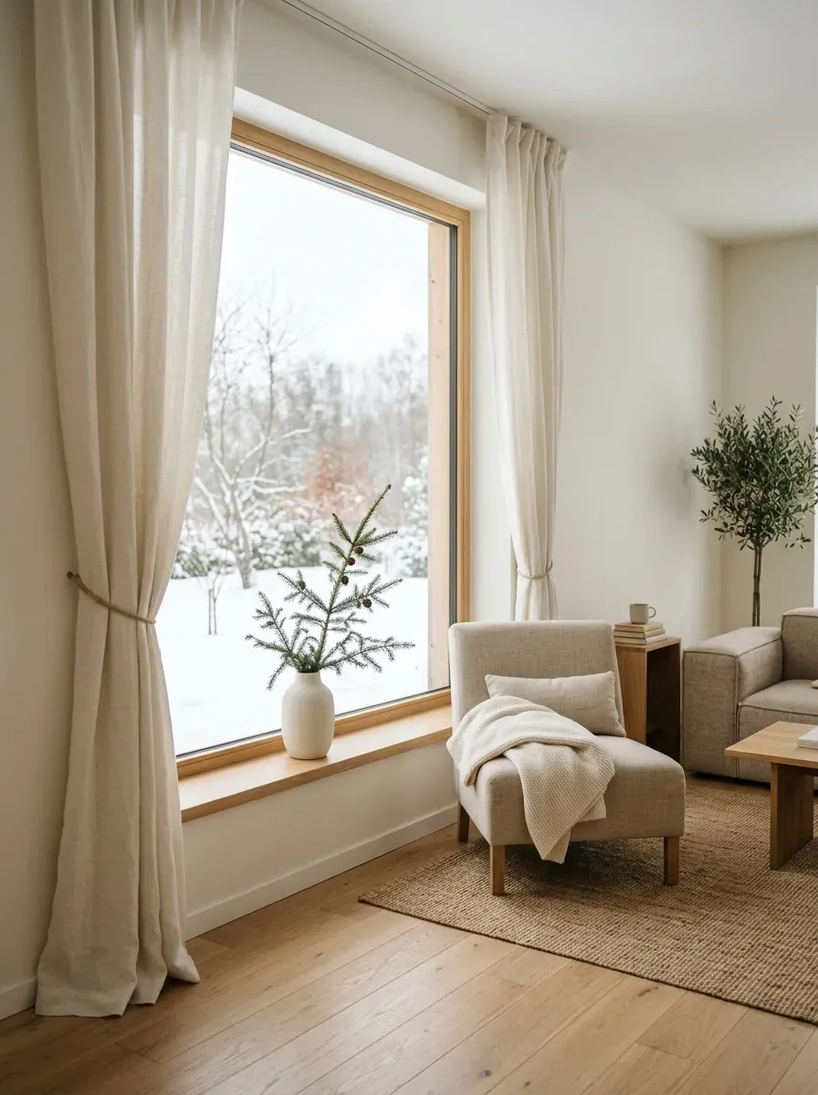 Winter branches hanging near a window with white berries