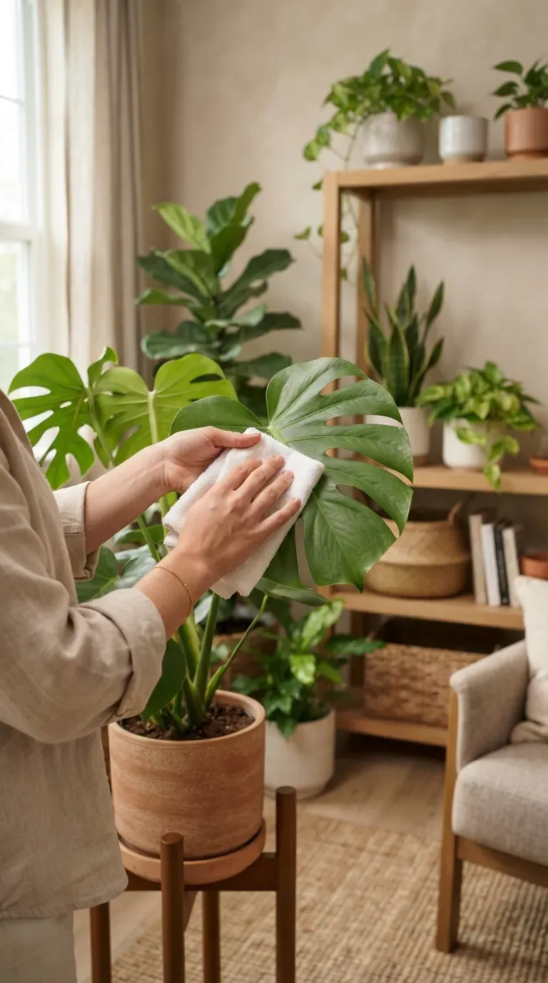 Gardener carefully inspecting the underside of houseplant leaves for common pests.