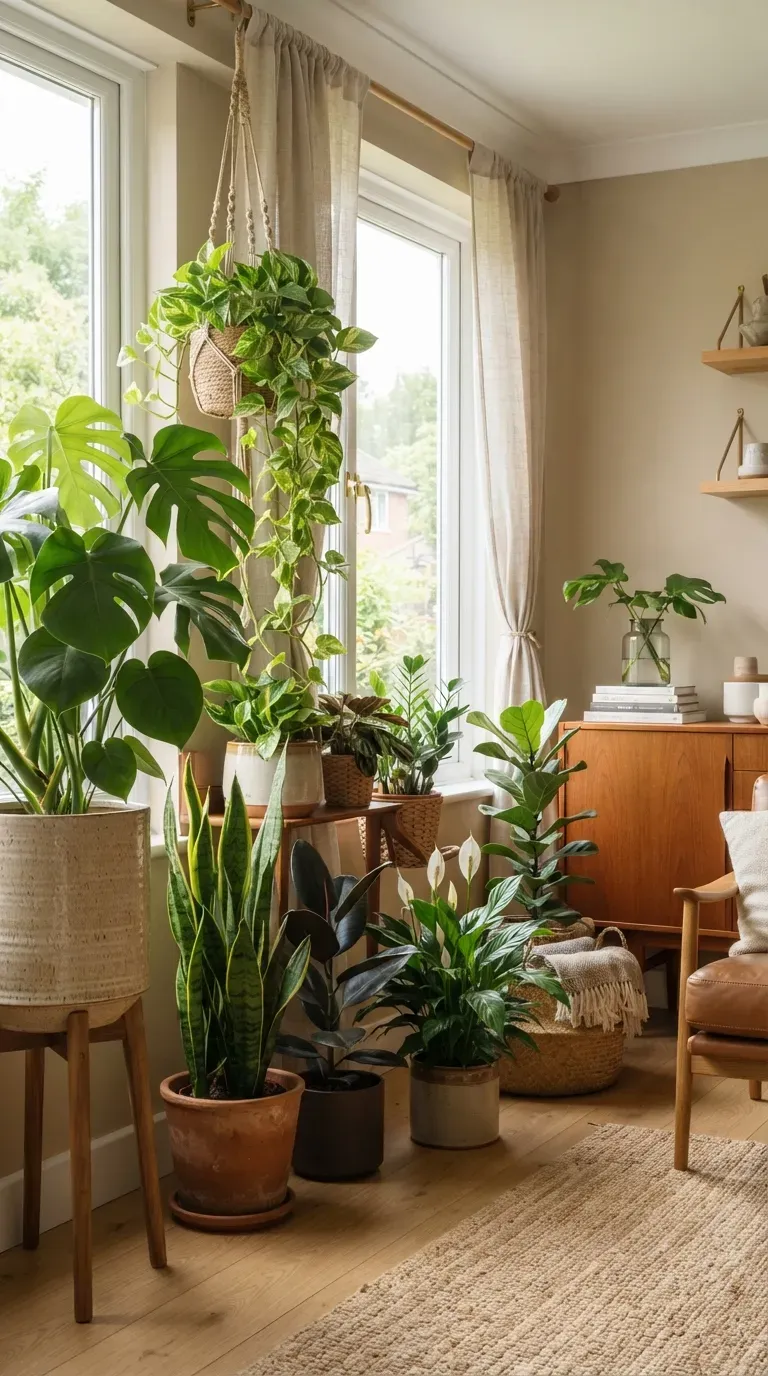 Healthy houseplants arranged near a bright window with soft natural light.