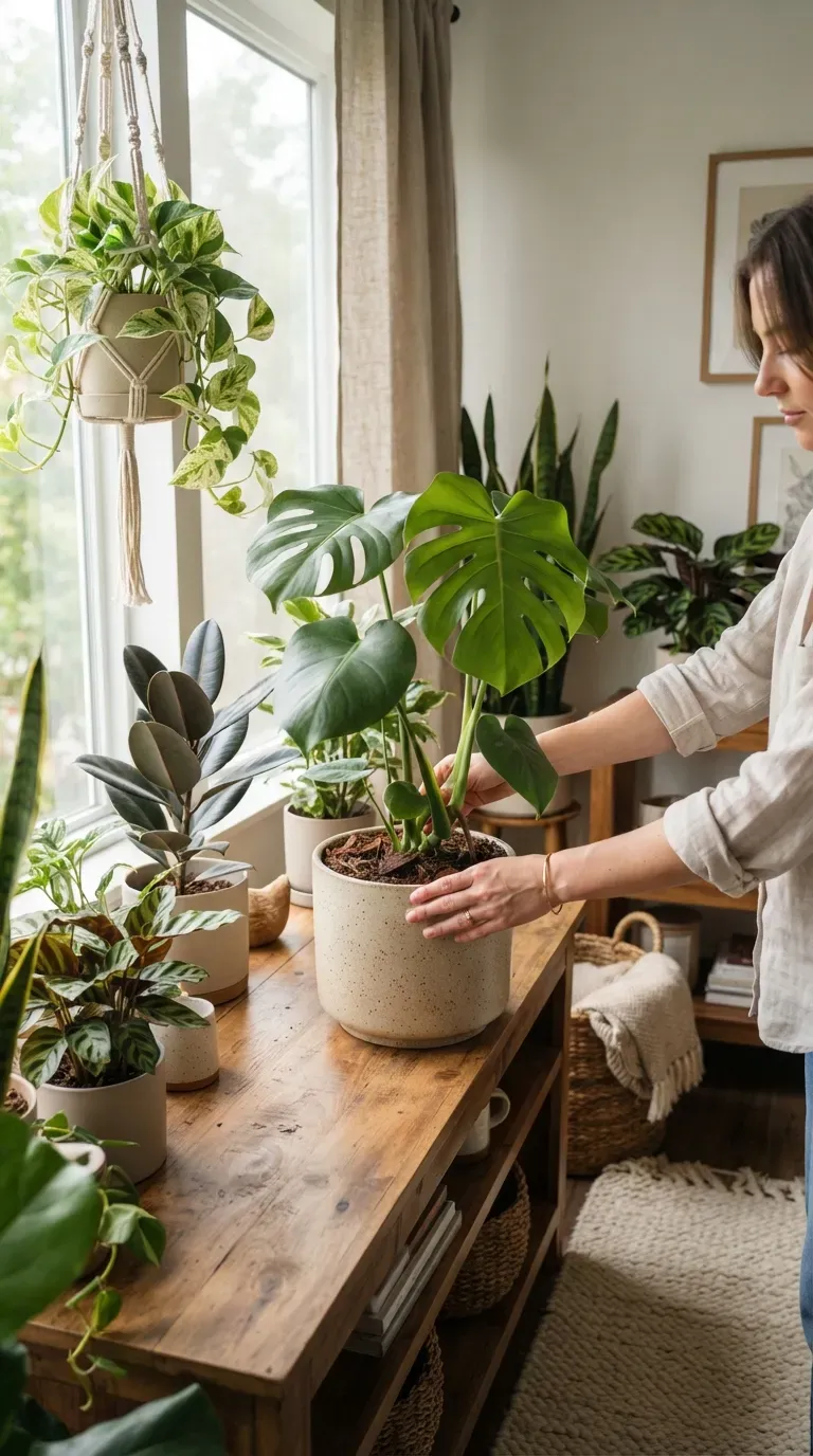 Organized indoor plant care station with houseplants watering can pruning tools and care notebook.
