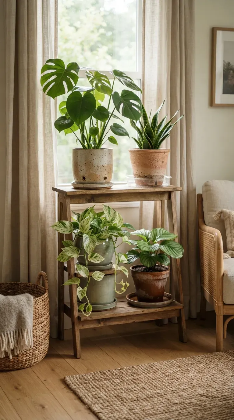 Houseplant owner feeding a healthy indoor plant with liquid fertilizer near a bright window.