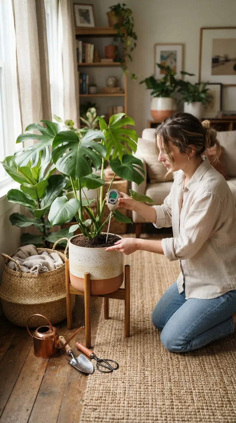 Indoor gardener using a moisture meter to check soil moisture in a potted houseplant.