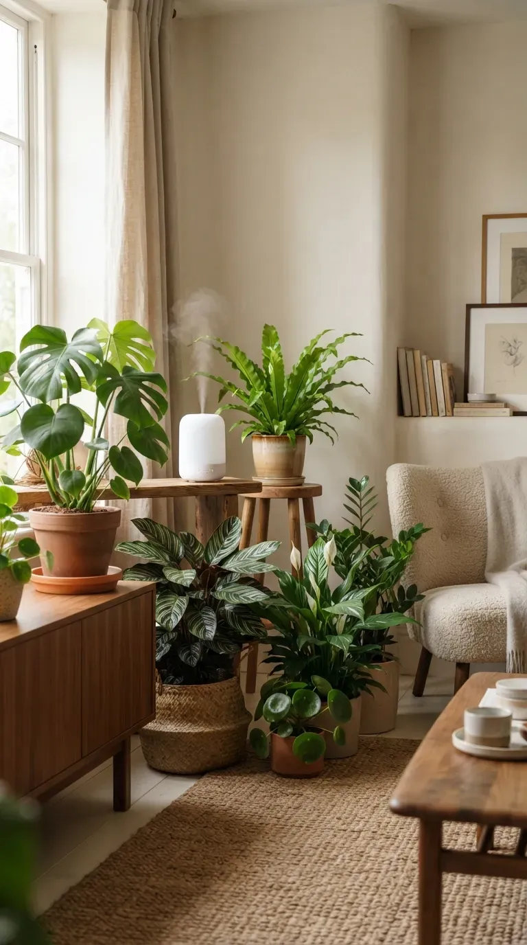Indoor gardener trimming a houseplant with clean pruning shears on a wooden table.