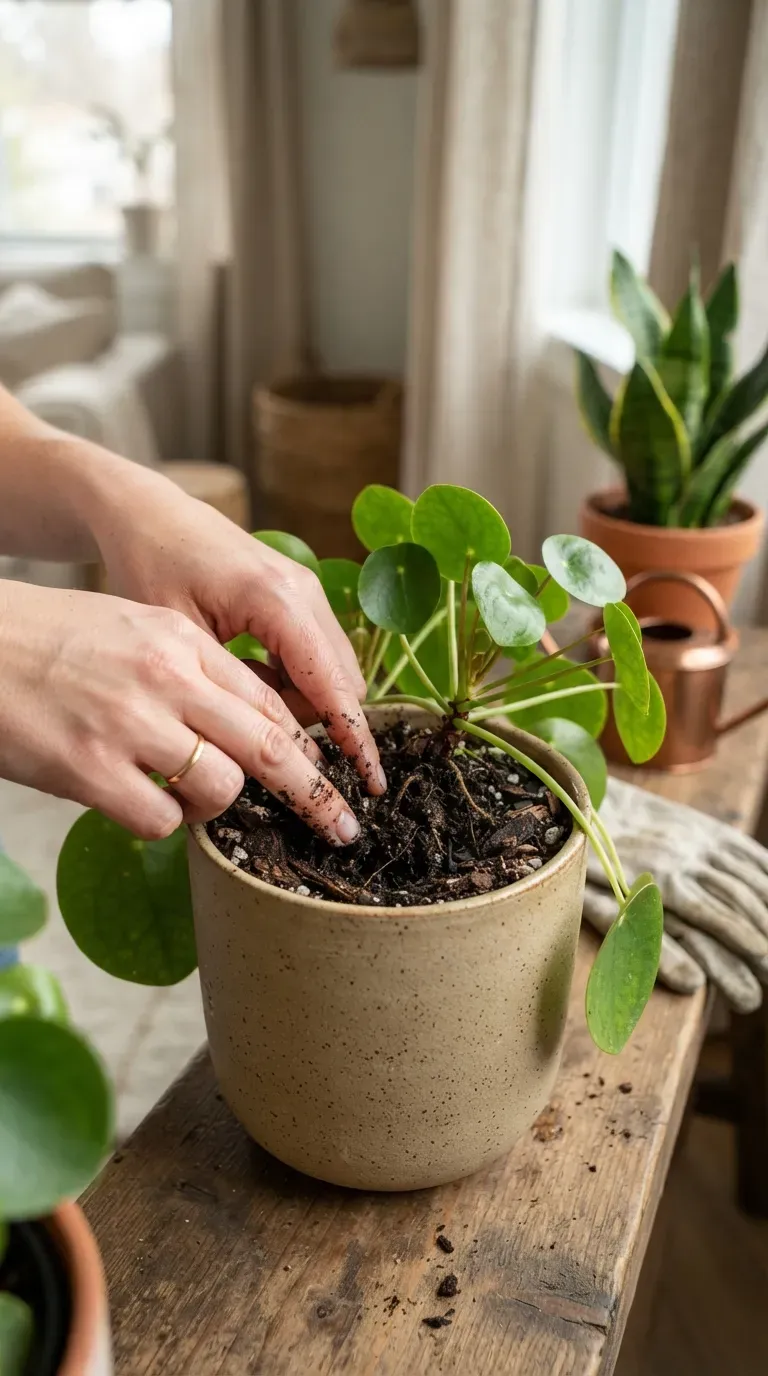 Hands checking the moisture of houseplant soil before watering a potted indoor plant.