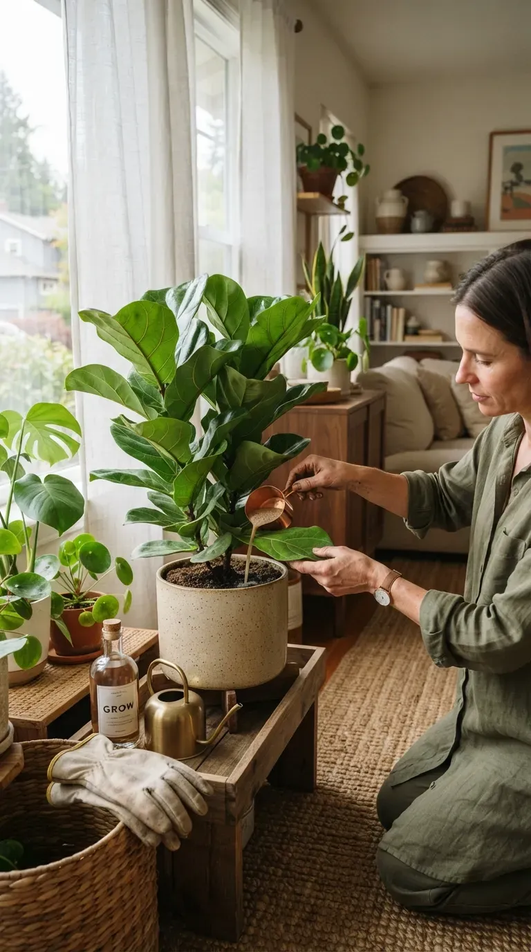 Healthy houseplants growing in ceramic pots with drainage holes and saucers.