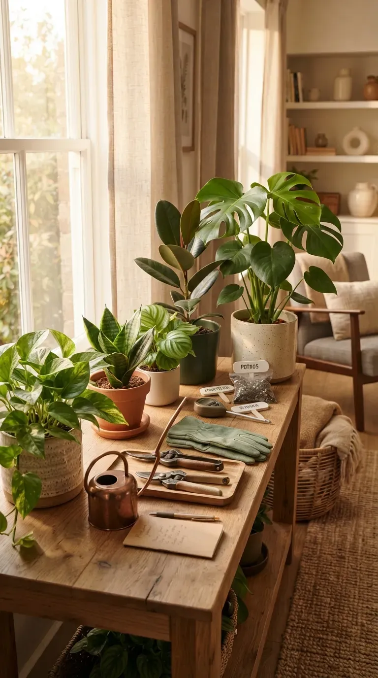 Tropical houseplants grouped near a small humidifier in a bright cozy room.