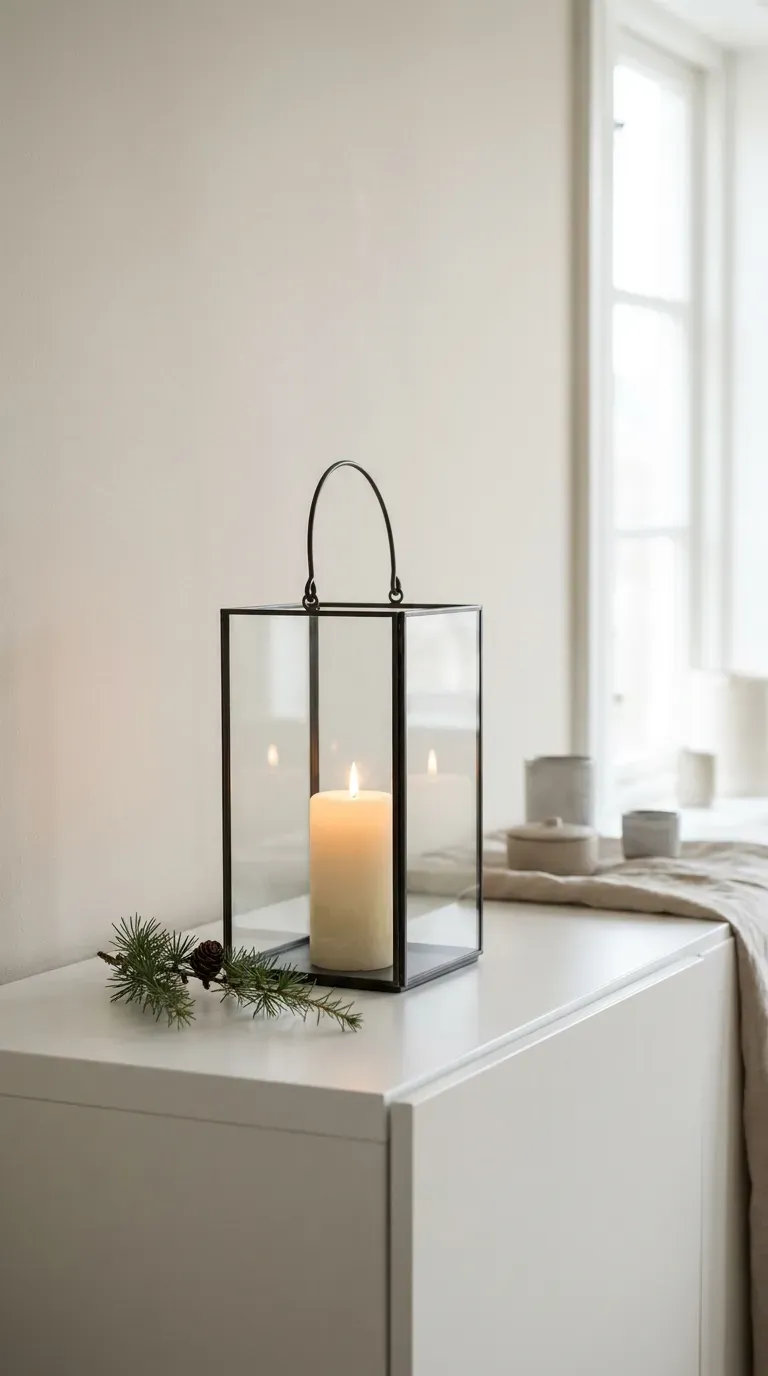 Minimalist glass lantern with candle and subtle winter greenery