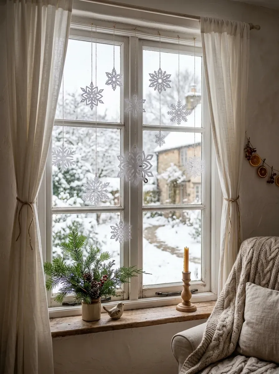 Minimalist winter window with simple curtains and greenery