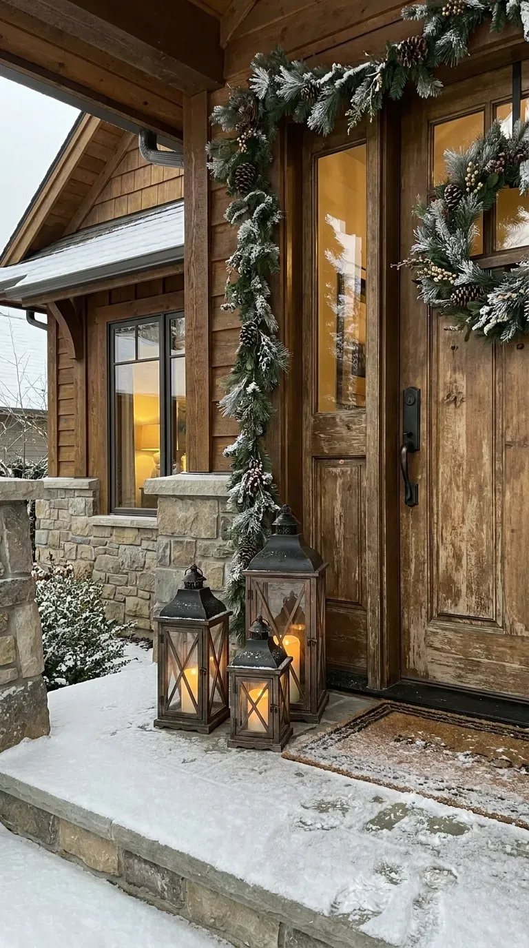 Winter lanterns decorating a snowy front porch